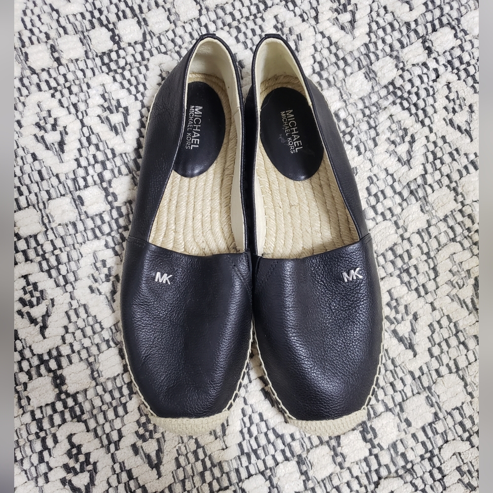MICHAEL KORS Black Leather Kendrick Slip On Espadrilles Flats - Picture 8 of 12